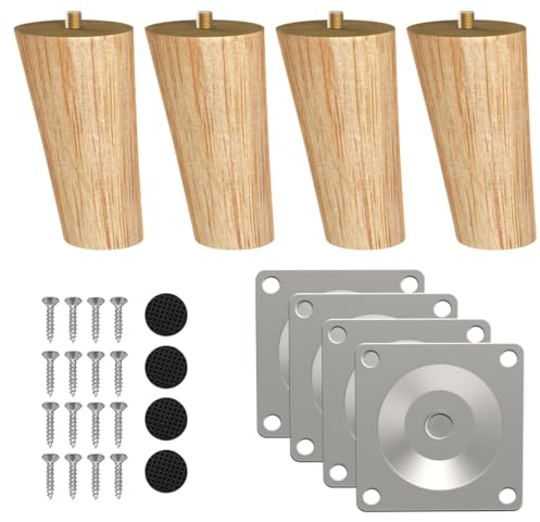 ROFMAPLE 10cm/4 Holz Tischbeine, 4 Stück Massivholz Schräg Konisch Ersatz Möbelfüße Schrank füße mit vorgebohrten M8 Bolzen, Montageplatten, Schrauben und Fußpolster für Schrank Sofa Couchtisch