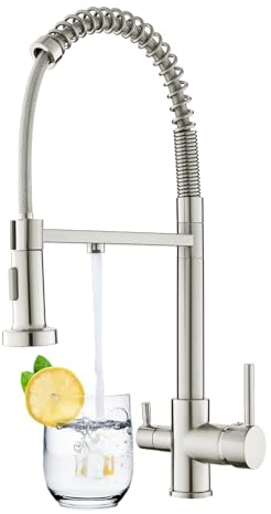 KEOKBON 3 Way Tap with Pull Out Spout(2 Mode) for Kitchen Sink, 3 in 1 Drinking Water Tap, 360° Swivel, Spring Triflow Water Mixer with Water Filter Dual Handle, Nickel Brushed