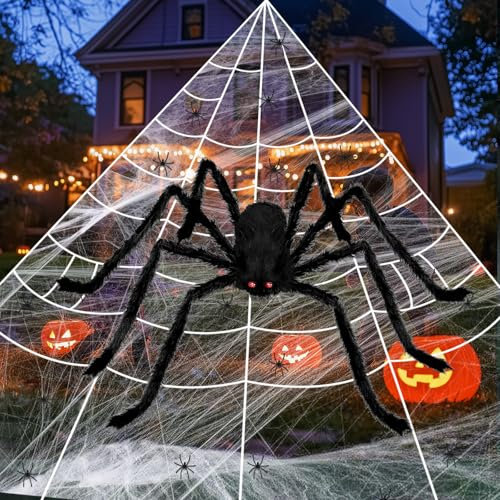Telarañas Halloween Decoracion, 5 M Kit de Telaraña,1.5 M Arañas Grande de Ojos Rojos, 20 Pcs Mini Araña, 80 g Algodón de Araña, Decoración Gigante Adecuada para Casas Encantadas, Patios y Fiestas
