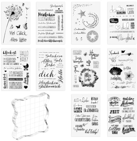 NVIYAM 10 Bögen Silikonstempel, Stempel Glückwünsche, Silikonstempel Set enthält 1 Acrylplatte Clear Stamps, Vielzahl von Mustern silikon stempelset, für Hochzeit Einladung Journal Scrapbooking