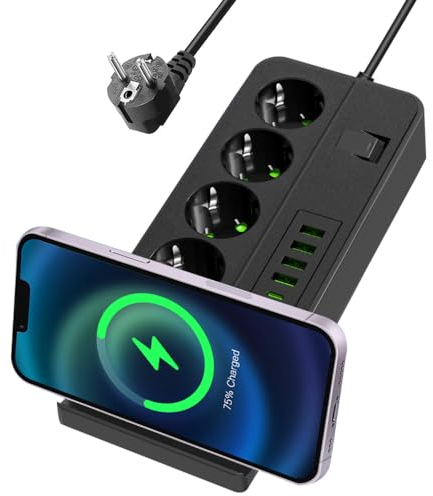 Mineup Multiprises Electrique, 11 in 1 Bloc Multiprise, Multiprise avec Interrupteur Parafoudre, 4 Prises Multiprise avec 6 USB, Chargement sans Fil Multiprise Electrique, Câble 2M Bureau,Noir