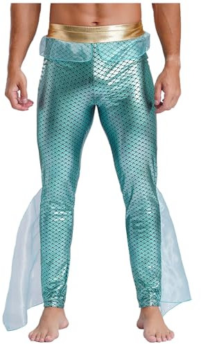 Alvivi Pantalon Déguisement Triton Sirène Homme Legging Brillant Pantalon Imprimé Écailles De Poisson Costume Halloween Carnaval Menthe Verte L