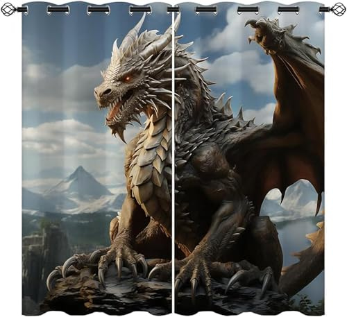 ZZTBQ Dragons 100% Blickdichter Vorhang Mit Ösen, Dragon 2 Stück Verdunkelungsvorhang Drach, 3D Drache, Drachen 234x183cm Für Jungen Mädchen Kinder Schlafzimmer