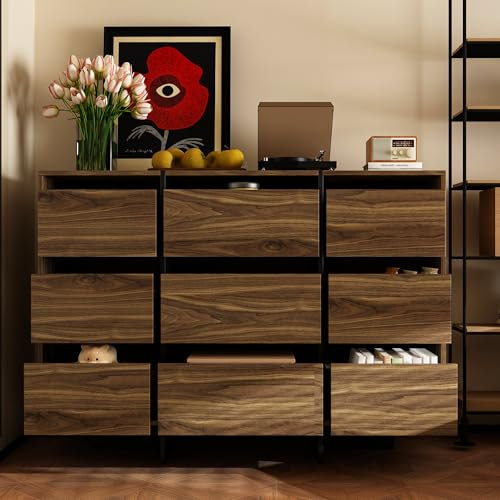 PREMTURE 100 cm Kommode, Schrank, Aufbewahrungsschrank, 6 Schubladen aus MDF ohne Griffen, MDF, industrieller Stil, rustikales Schwarzes + holzgetöntes Gehäuse mit schwarzen Schienen 020502