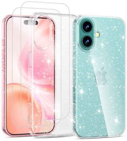 Noyabox for iPhone 16 Plus Clear Glitter Case with 2 Screen Protectors, Sparkling Soft Transparent TPU Bumper Scratch-Resistant for Women and Girls, Clear