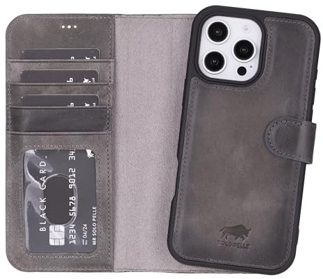 Solo Pelle Lederhülle kompatibel für iPhone 16 Pro Max in 6.9 Zoll abnehmbare Hülle (2in1) inkl. Kartenfächer geeignet für MagSafe Zubehör (Steingrau)