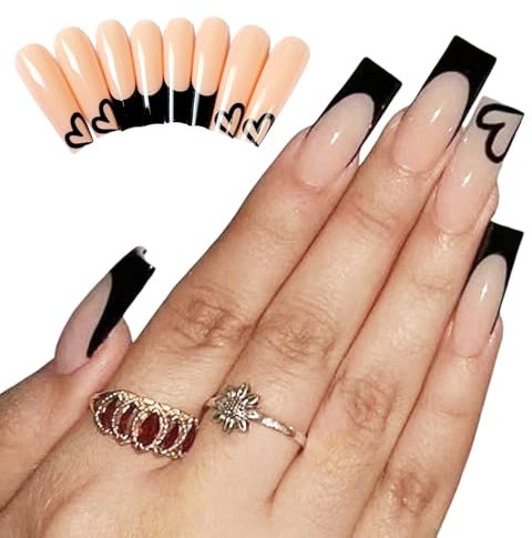 24 Pcs Black False Nails,French Press on Nails Pattern, Black French Arcylic Press On Fake Nails, Full coverage Glossy False Nails