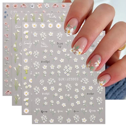 JMEOWIO 3D Embossed Flower Nail Art Stickers Decals Self-Adhesive 5D Spring Summer Floral Nail Supplies Nail Art Design Decoration Accessories 4 Sheets