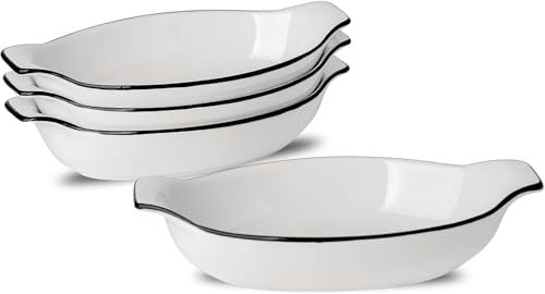 350ML Keramik Auflaufform 4er Set, 22.8 x 11.9 x 4.3cm Ovale Backformen für je 1 Portion, Kleine Auflaufform mit Griffen für 1 Person, Backofen und Mikrowellen Sicher