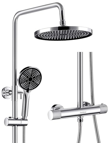 KeeGone Duschsystem med termostat rostfritt stål regndusch 25 cm handdusch 3 stråltyper duscharmatur komplett set justerbar höjd med anti-skållningsskydd, vattenbesparande enkel installation