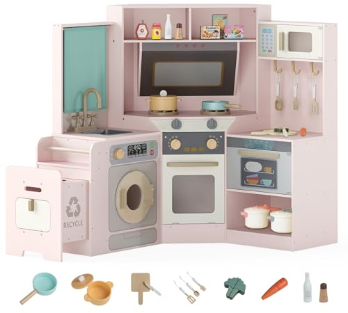GOPLUS Cocina de Juguete de Esquina, Cocinita Infantil de Madera con Cubo de Basura Extraíble, Fregadero, Fogones, Microondas, Horno, Lavadora, Luces y Sonidos para Niños de 3+ Años (Rosa)