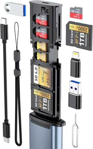 Lector de Tarjetas Memoria,9en1 Carcasa de aluminio USB3.1 Estuche de Almacenamiento Portátil SD 4.0/TF/SIM USB C Adaptador Tarjeta SD con 3X SD,4X TF y 2X SIM para Cámaras,Smartphones,Drones y Acción