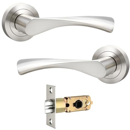 Brotima Satin Nickel Interior Door Handle with Adjustable Tubular Latch (45/57mm), Non-Locking Passage Door Lever for Hallway and Closet Doors, Internal Door Handles-1 Pair