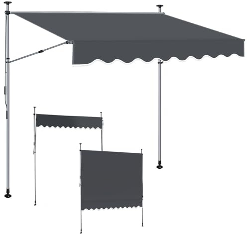 ISOISL Klemmmarkise 350 cm Breit, Markise Balkon Ohne Bohren Höhenverstellbar 214–305 cm,Balkon Sonnenschutz Ausziehbar bis 150 cm,aus 180g/m² Polyester, UV50+,Anthrazit