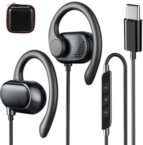 Auriculares abiertos con cable USB C para iPhone 17, 16 Pro Max, A15, Samsung S26, S25, Ultra, S24, S23 FE, tipo C, con gancho para la oreja y micrófono, para iPad Air 11, 10ª oficina, correr, niños