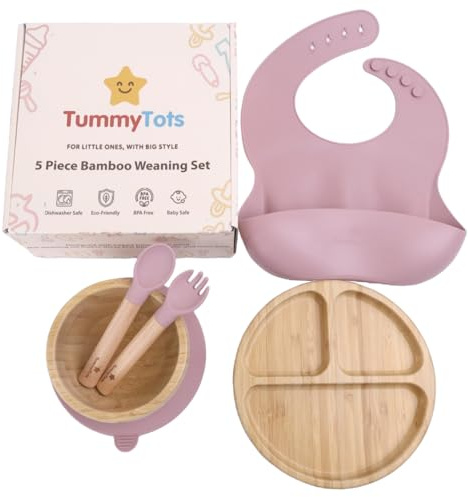 TummyTots 5Pcs Pink Bamboo Baby Weaning Set - Baby Feeding Set with Bamboo Baby Bowls & Baby Plate, Silicone Bib, Wooden Spoon & Fork | Baby Weaning Essentials with Bamboo Plates | Baby Gifts