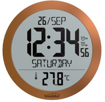 Youshiko Large 20cm Radio Controlled Wall Clock (UK & Ireland Version/Premium Quality/Clear Display), Large Round, Temperature display
