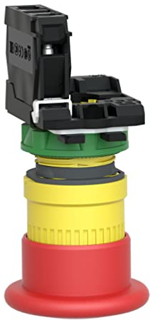 Schneider Electric XB5AT842 Emergency Stop Push Button Switch for Industrial Machinery, Plastic Bezel, Fits 22mm Diameter Cutouts, Trigger Latching Push-Pull, 1NC, 40mm Red Mushroom