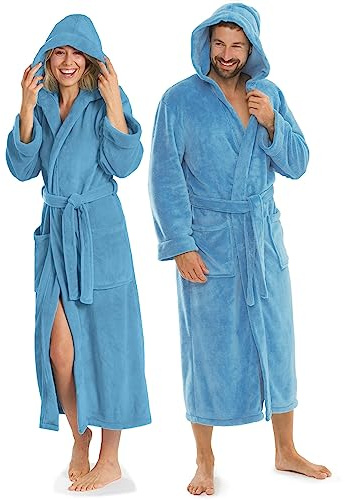 aqua-textil XS-XXXL Bademantel Kapuze Uni lang aufgesetzte Taschen Damen Herren Unisex Mikrofaser Kuschelfleece OEKO-TEX
