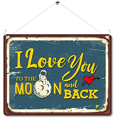 Kruzroyal Romantic Love Quote Metal Wall Sign, I Love You To The Moon And Back Novelty Plaque Gift, Vintage Tin Decor for Bedroom or Nursery, 20x15cm with Hanging String