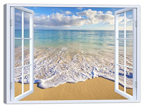 LuxHomeDecor Quadro Finestra Spiaggia Mare 100x75 cm Stampa su Tela con Telaio in Legno Arredamento Arte Arredo Moderno