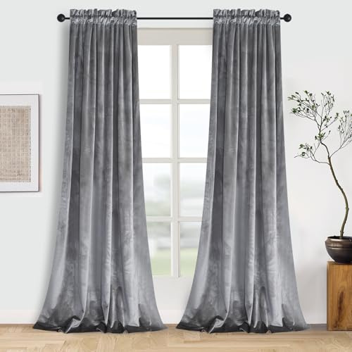 Roslynwood Home Living Room Black Silver Velvet Curtains - Sound Reducing Heavy Solid Rod Pocket Drapes/ 52Wx96L Silver, 2 Panels