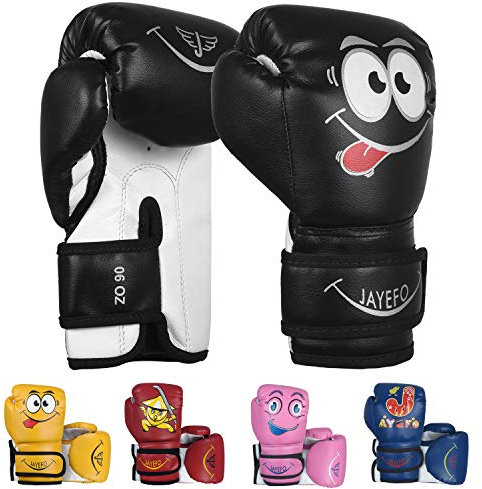 Gants de Boxe pour Enfants JAYEFO - Entraînement MMA pour garçons et Filles, Sac de Frappe, Kickboxing et Gants de Muay Thai, Meilleur Cadeau pour Enfants, Jeux Amusants pour Jeunes | 4 oz Noir