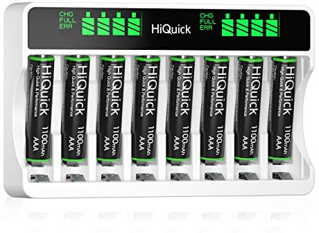 HiQuick 8-slot AA AAA LCD Battery Charger, 5V 2A Fast Charging Function, Type C and Micro USB Input, with 8 x 1100mAh AAA NI-MH Rechargeable Batteries, Battery and Charger Set