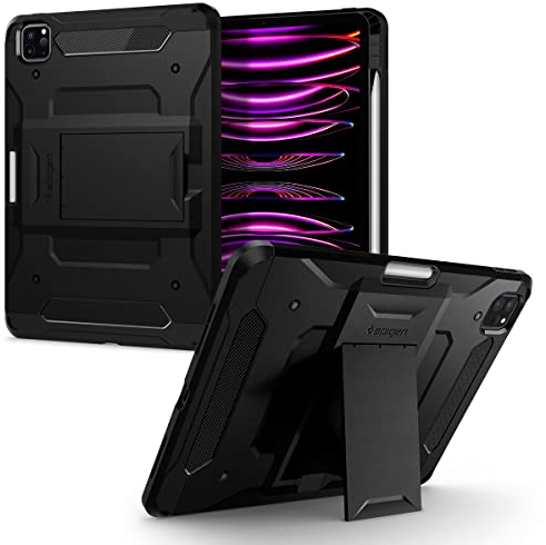 Spigen Tough Armor Pro Hülle Kompatibel Mit iPad Pro 12.9 Zoll Generation 6 2022 | 5 2021 mit Apple Pencil (2. Gen) Halter - Schwarz