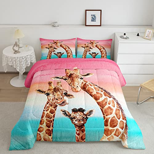 Feelyou Giraffen-Steppdecken-Set Safari-Giraffen-Familien-Bettwäsche-Set für Kinder, Jungen, Erwachsene, Jugendliche, bunt, Wildtier-Steppdecken-Set mit 2 Kissenbezügen, 3-teiliges Bettwäsche-Set