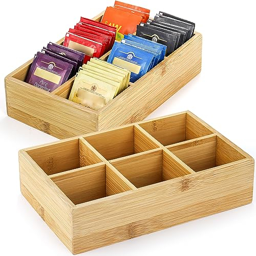 Dicunoy 2 Pack Bamboo Tea Bag Organizer, Wood Tea Box Drawer Storage Holder With 6 Compartments, Chest Box for Coffee Station, Sugar Packet, Sweeteners, Small Packets
