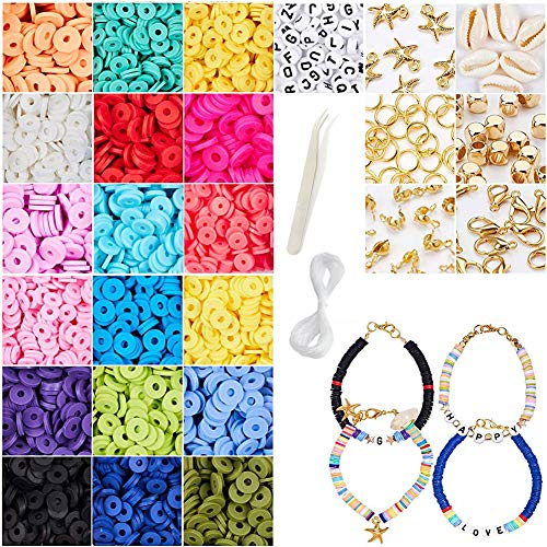 Jodimitty 24 Farben Polymer Clay Perlen 4000 Stück Perlen zum Auffädeln Kit, Flache Runde Weiche Keramikperlen, Schmuck Selber Machen Set für Armbänder Halskette, mit Ringschließe und Kristallseil