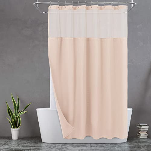 N&Y HOME Tenda da doccia con inserto in tessuto a scatto e 12 ganci in metallo, stile hotel, impermeabile e lavabile, tessuto pesante e finestra a rete, 71 x 72 cm, rosa acqua