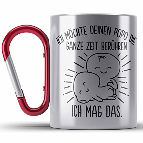 Trendation - Edelstahl Tasse Karabiner für Freundin Lustig Geschenk Valentinstagidee Paare Karabiner Edelstahl Tasse Karabiner Edelstahl Spruch Liebe Mann Popo Anfassen (Rot)