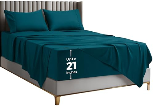 Utopia Bedding Deep Pocket Queen Sheet Set – Fits Mattresses Up to 21 inches – Cooling, Soft & Breathable – Oeko-TEX 4 Piece Bed Sheets (Denim Blue)