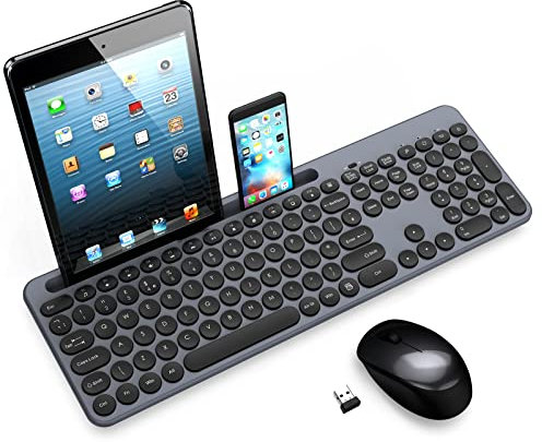 LeadsaiL Wireless Keyboard and Mouse Set with Phone and Tablet Holder, Wireless USB Mouse and Computer Keyboard Combo, Full-sized QWERTY UK Keyboard for HP/Lenovo Laptop and Mac-Grey