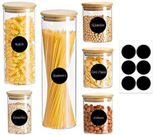 Ribelli Vorratsdosen Glas mit Deckel 6 Stück Set - 300 ml (3 Stück), 500 ml, 1000 ml, 2100 ml - Luftdichter Gewürzgläser für Pasta, Spaghetti, Müsli, Bohnen - Spülmaschinenfest