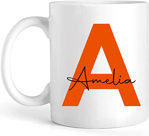 EKAM Personalised Tea Mug - Initial Name Mug 11oz Ceramic White - Gift for Her Him Friend Mom Dad Kids Birthday Valentine’s Day Christmas Day Custom Present (Orange)