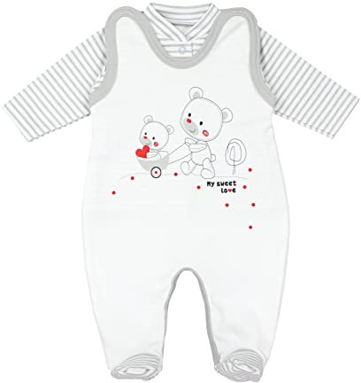 TupTam Baby Mädchen Jungen Strampler mit Langarmshirt Aufdruck Spruch 2 teilig, Farbe: Streifenmuster Grau/Bärchen Herz, Größe: 50