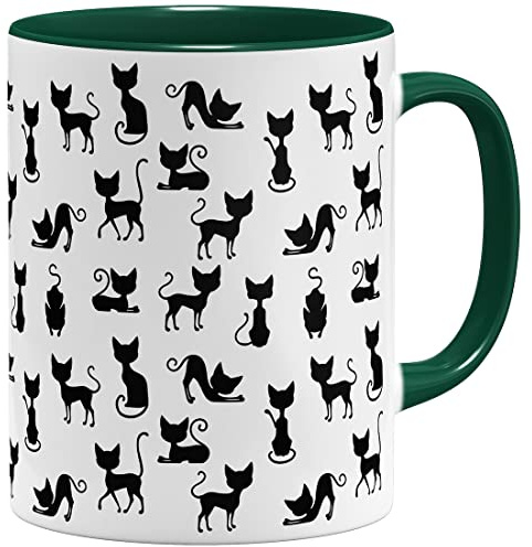 OM3® Jolie tasse à café avec chat - Motif chat noir - Tasse en céramique - 325 ml - Impression complète - Vert