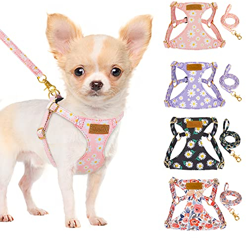 SlowTon Hundegeschirr mit Leine, No-Pull leichtes weiches Wildleder-Welpengeschirr mit Blumenmuster und Schnappschnalle, verstellbares Geschirr Hund für kleine und mittelgroße Hunde(Rosa, XS)