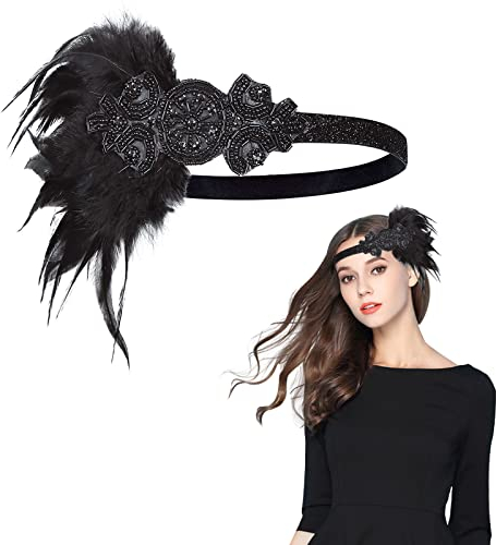 MIVAIUN 1920s Bandeau de Plumes pour Femme, Bandeau Gatsby, Bandeau Cheveux Femme Vintage, Headband Gatsby Plume, Gatsby Flapper Accessoires Charleston Bandeau Année 20 Vintage Partie à Thème (1 Pcs)