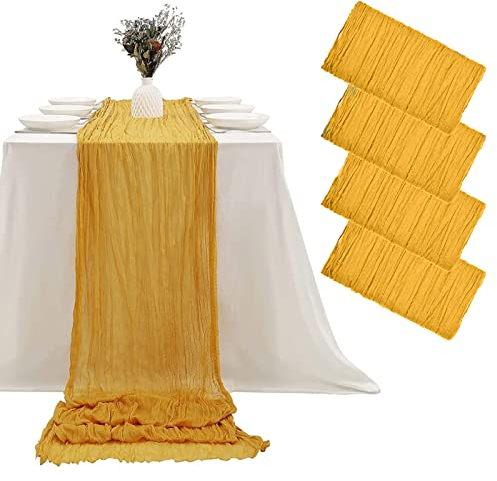 Seihtuch-Tischläufer, Boho Gaze Käsetuch Tischläufer Rustikaler Durchsichtiger Läufer, Musselin Dekostoff, Lang Tischdecke für Hochzeit Braut Babyparty Geburtstagsfeier Tischdekoration (Senfgelb 4)