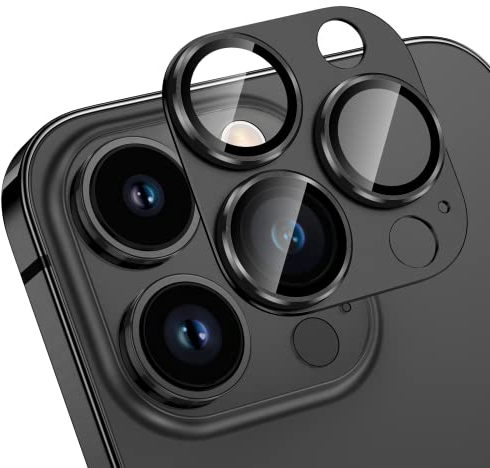 HWeggo Protection Objectif Caméra Arrière pour iPhone 14 Pro/iPhone 14 Pro Max, Film en Verre Trempé 9H Ultra HD,All-in-one-Aluminiumlegierung,Étui de Givré,Noir