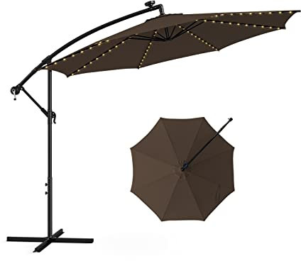 SFAREST 3M/10FT Garden Parasol, Cantilever Hanging Umbrella with LED Lights, Tilt Design Crank and Cross Base, Outdoor Offset Sun Shade for Beach Poolside Patio (Coffee)