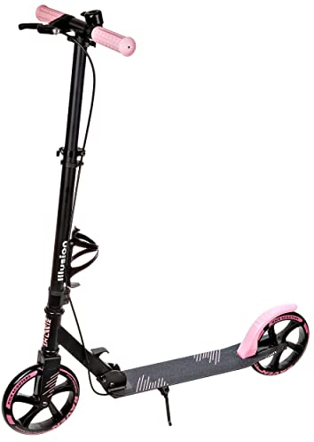 RAVEN Scooter Roller Tretroller Kickscooter für Kinder Erwachsene |klappbar | höhenverstellbar | Tragegurt | Klingel | Flaschenhalter (Illusion Pink mit Handbremse, 200mm)