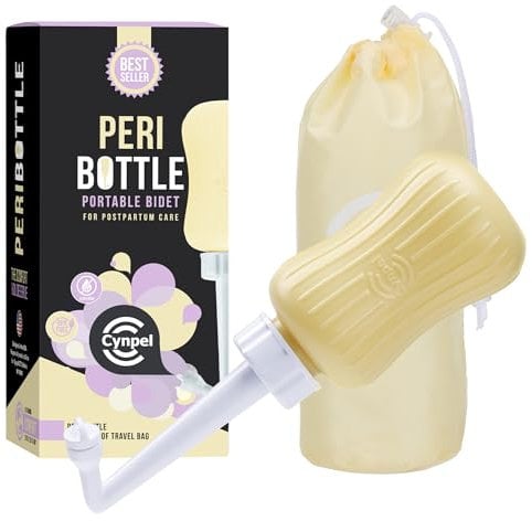 Cynpel Bidet Portatile - Bottiglia Perianale 350 ml - Bidet Portatile per WC - Accessori da Viaggio Camper Campeggio - per Neomamme dopo Parto Ospedale - Borsa Inclusa - Giallo