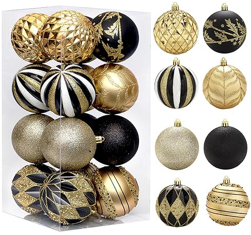 Herfair 16 Stück Weihnachtskugeln, Farbe Weihnachtskugeln Aufhänger für Christbaumschmuck, 8cm Christbaumkugeln Set, Weihnachten Ornamente Weihnachtsdeko (Schwarzes Gold)