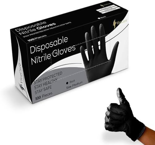 ViraCare 200 x Black Nitrile Gloves Medium, Latex Free, Powder Free | Strong, Non-Sterile, Black Gloves Disposable, 2 Packs of 100