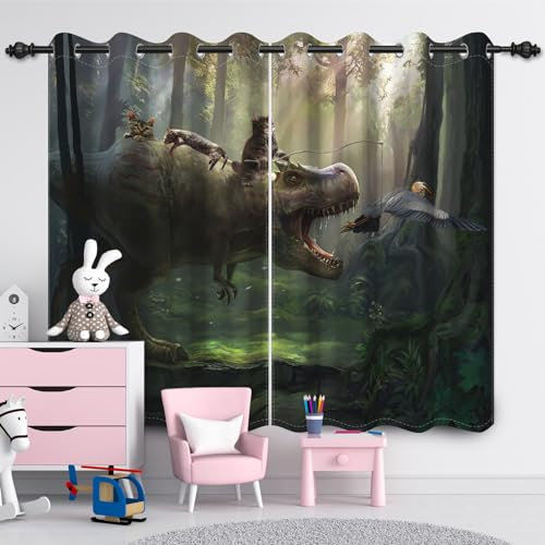SDOTPMT 107x160cm Dinosaurier Fenster Vorhang Dschungel Wildlife Dino Katze Fenster Vorhänge Jurassische Tiere Alte Wald Fenster Behandlung für Kinder Schlafzimmer Dekor Verdunkelung Vorhänge,2 Panels